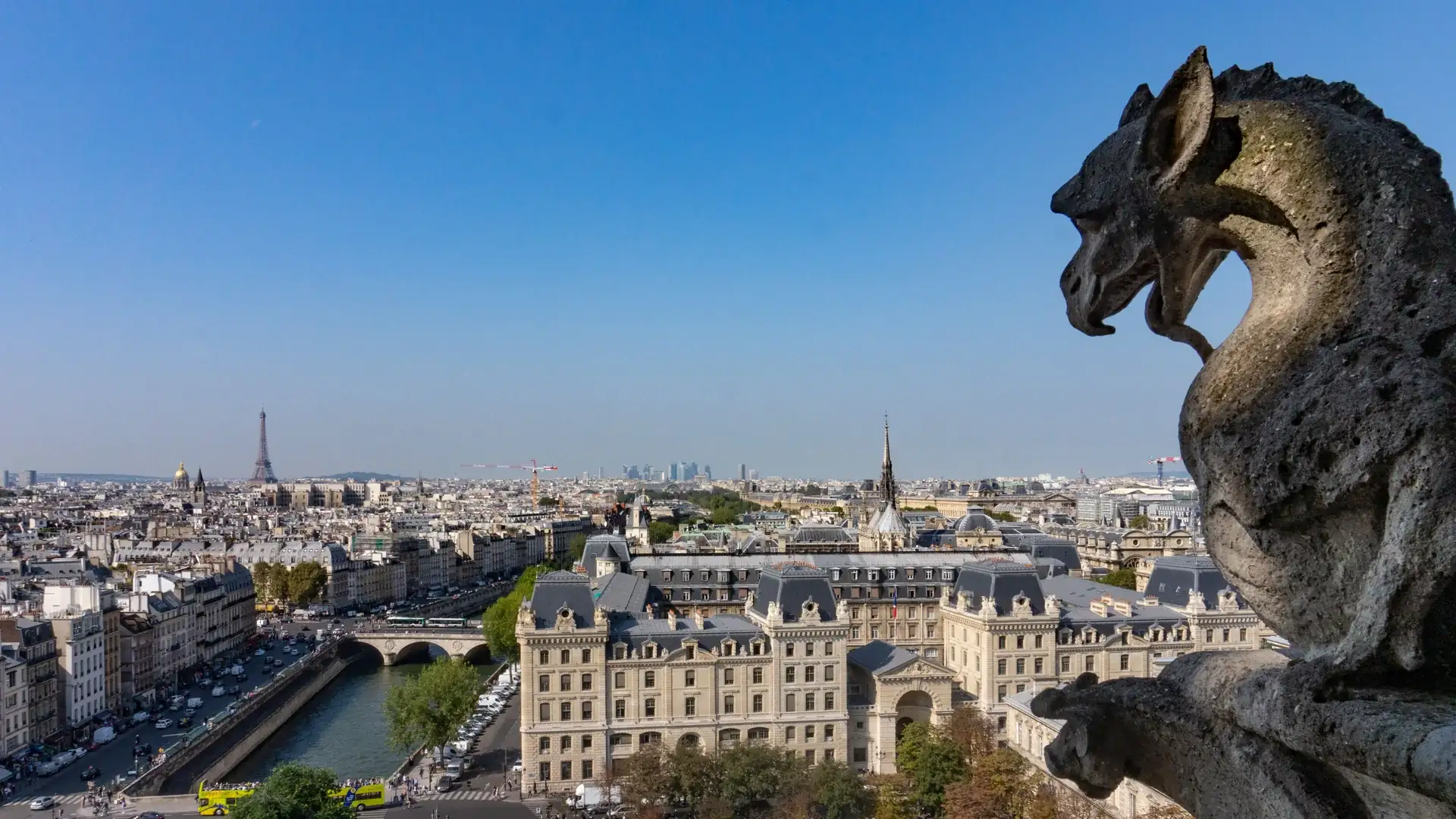 Een stenen chimère op de galerij van Notre-Dame met uitzicht over de Seine, het Île de la Cité en de Eiffeltoren aan de horizon